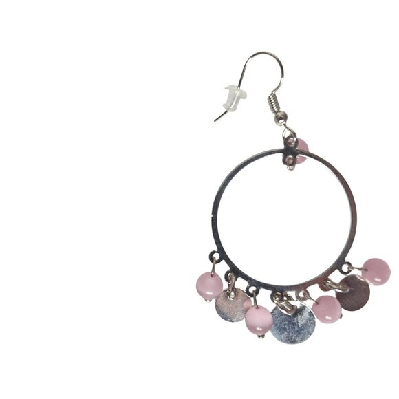 Silver Tone Hoop Earrings With Pink Beads - Picture 3 of 4